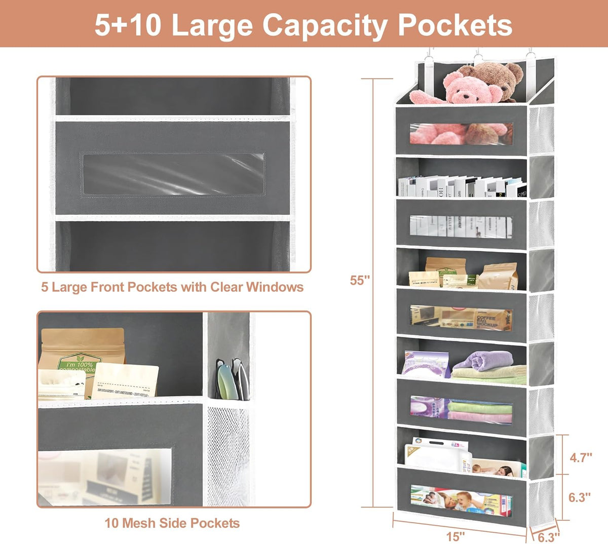 3 Packs 5-Tier Over the Door Storage Organizer with 10 Side Mesh Pockets, 48 lbs Load Capacity, 3