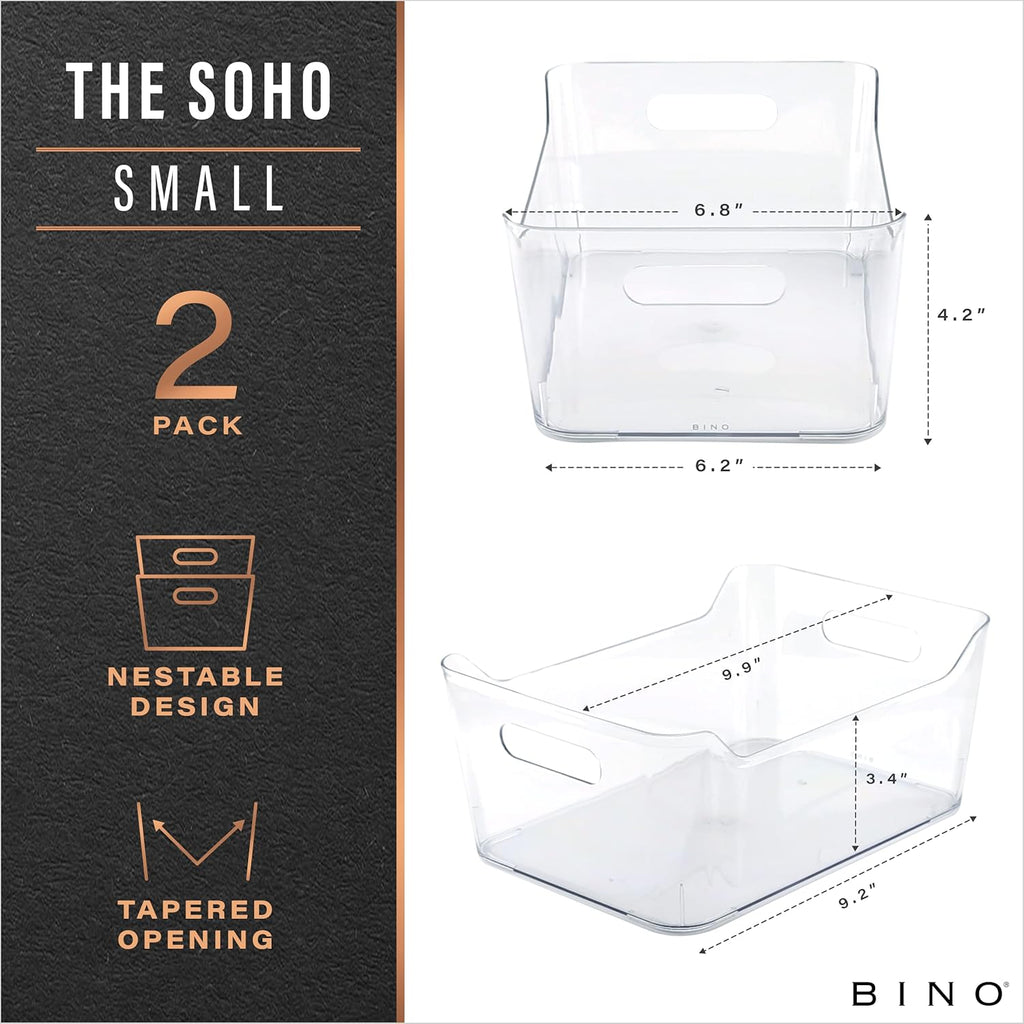 BINO | Plastic Storage Bins, Small - 2 Pack, Clear | THE SOHO COLLECTION | Pantry Organizers and