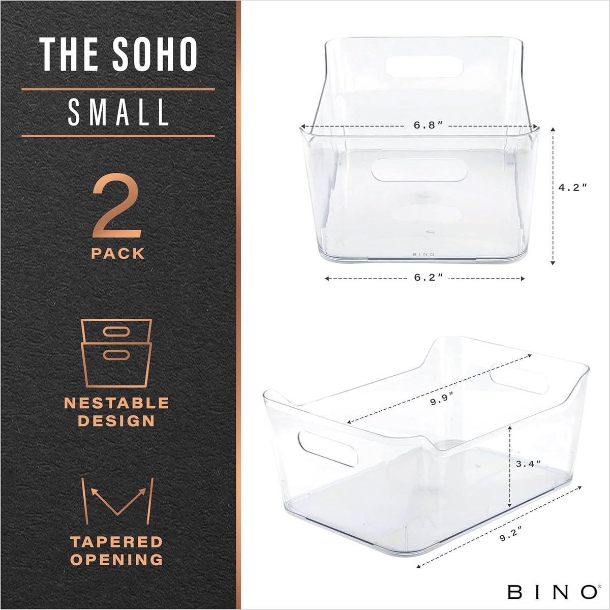 BINO | Plastic Storage Bins, Small - 2 Pack, Clear | THE SOHO COLLECTION | Pantry Organizers and