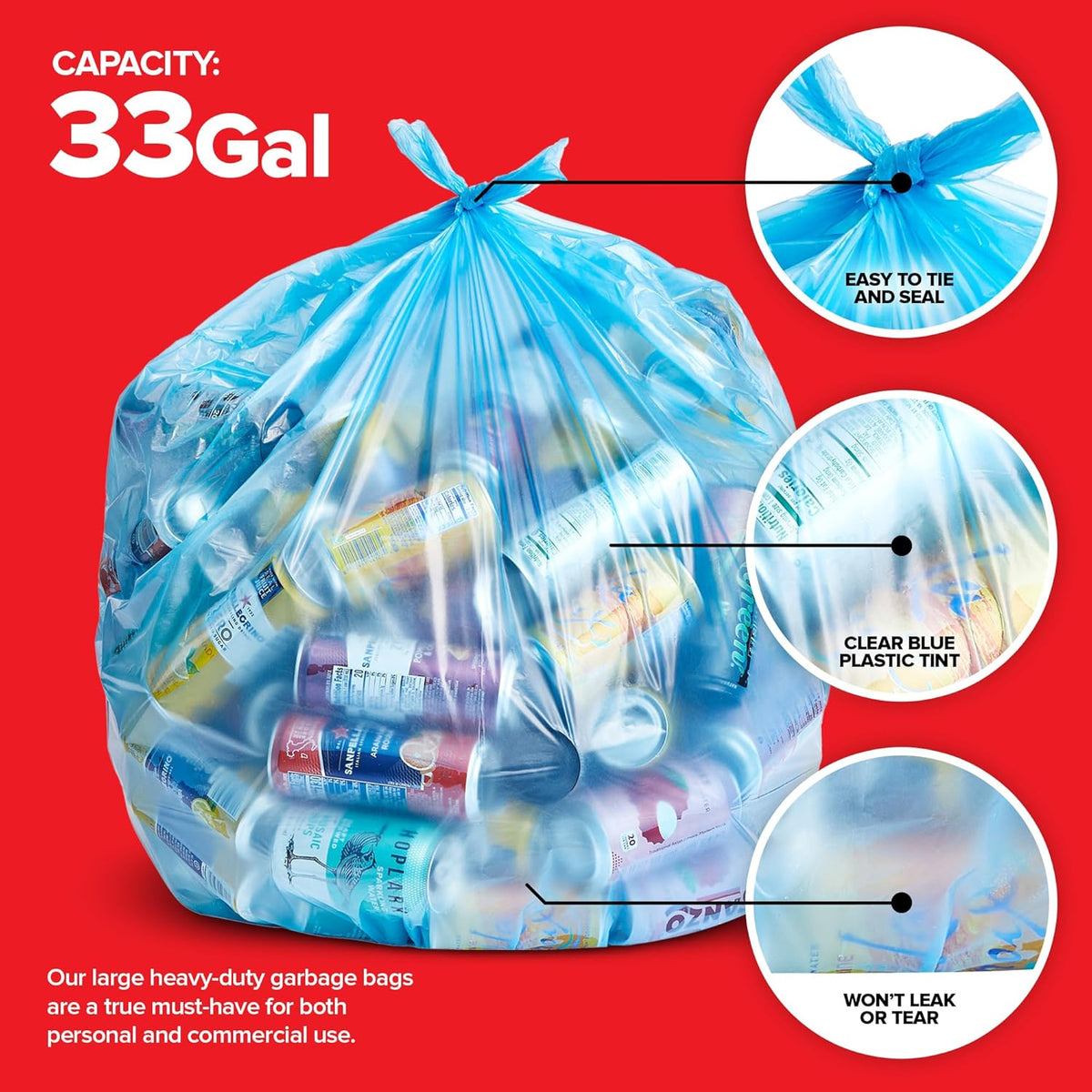 Heavy-Duty Blue Recycling Bags, 60-Pack Blue Garbage Bags For Recycling | 33-Gallon Capacity|