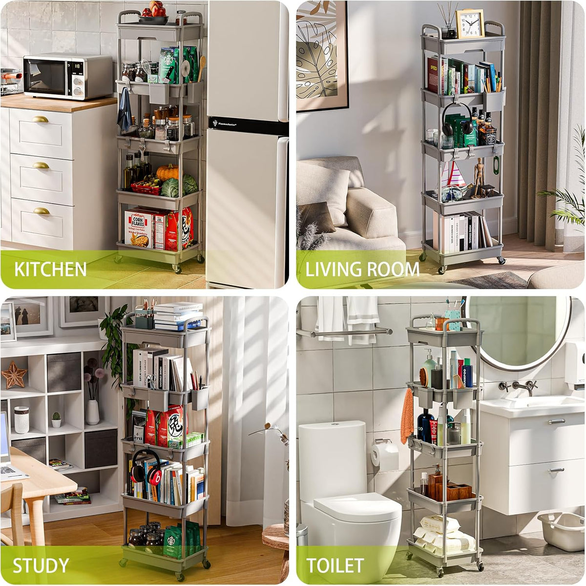 5 Tier Rolling Cart Organizer,Bathroom Cart Organizers with Wheels Laundry Room Organization Mobile