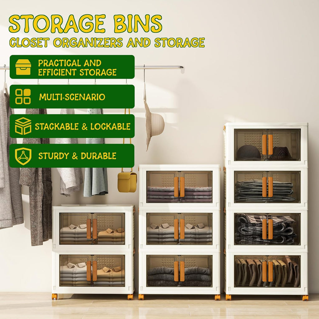 4 Tier Stackable Plastic Storage Bins with 1 Lid 35 QT/Tier, Collapsible Plastic Box Storage Bin
