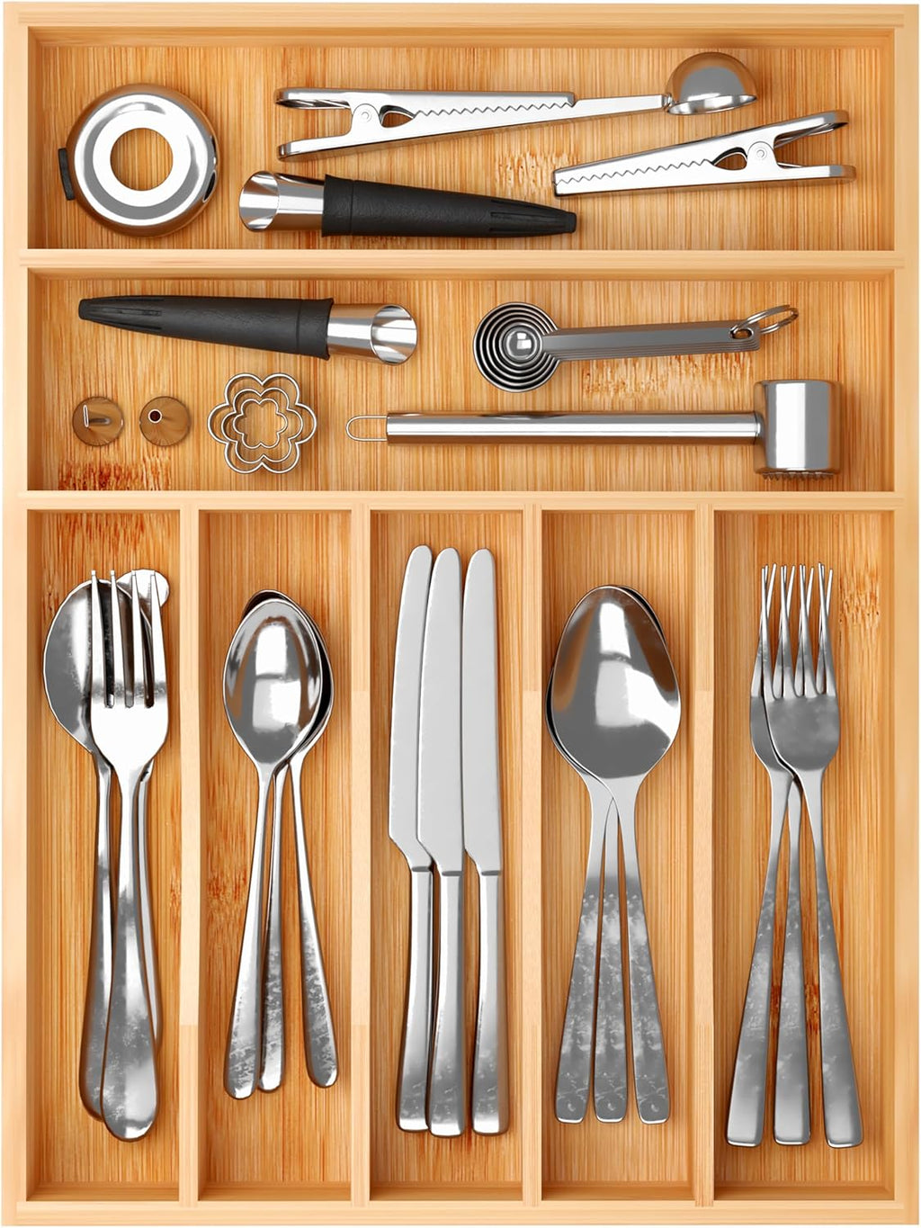 BAMEOS Bamboo Silverware Drawer Organizers, 11.9 inch Utensil Drawer Organizer for Kitchen Drawers