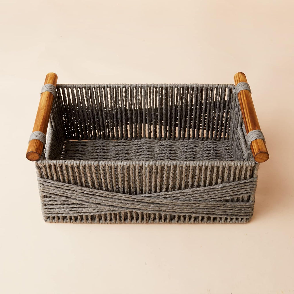 LA JOLIE MUSE Wicker Storage Baskets for Organizing, Recyclable Paper Rope Basket with Wood