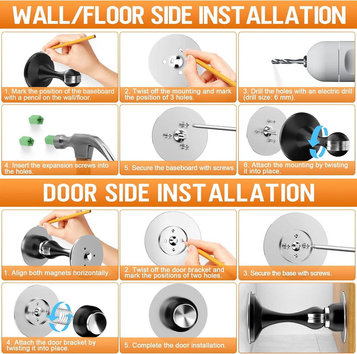 Crosize Magnetic Door Stoppers 4 Pack, Stainless Steel Door Catch for Wall and Floor Mounting, Door