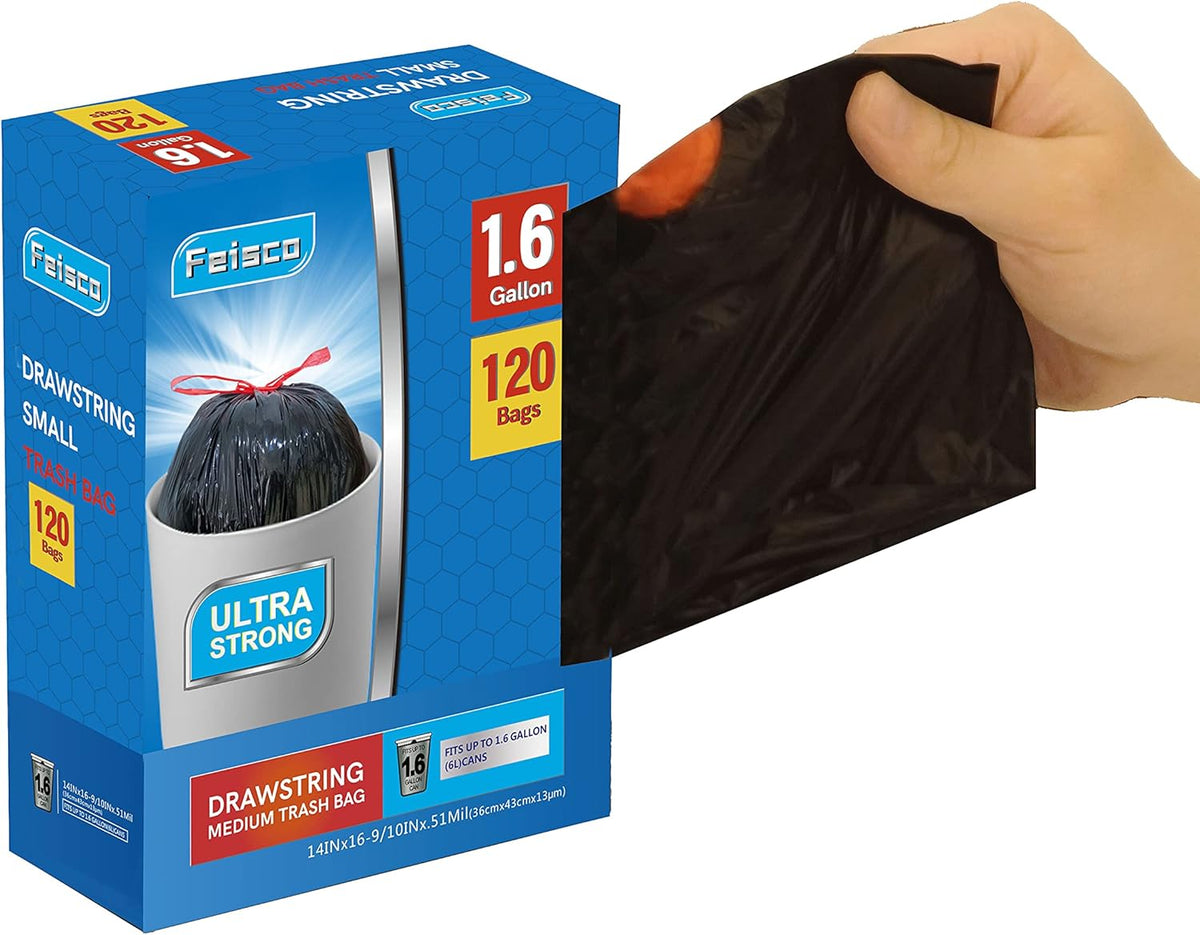 Feisco 1.6 Gallon Black Trash Bag,6L Drawstring Garbage Bag Trash Can Liner,120 Counts,0.51 Mil