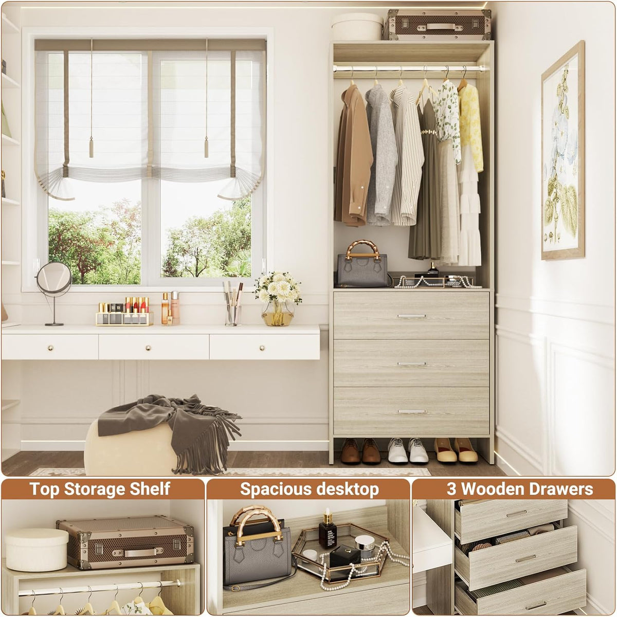 Aheaplus 2FT Closet System with 3 Drawers, 24’’ Closets Organizer, Wood Closet Organizer System