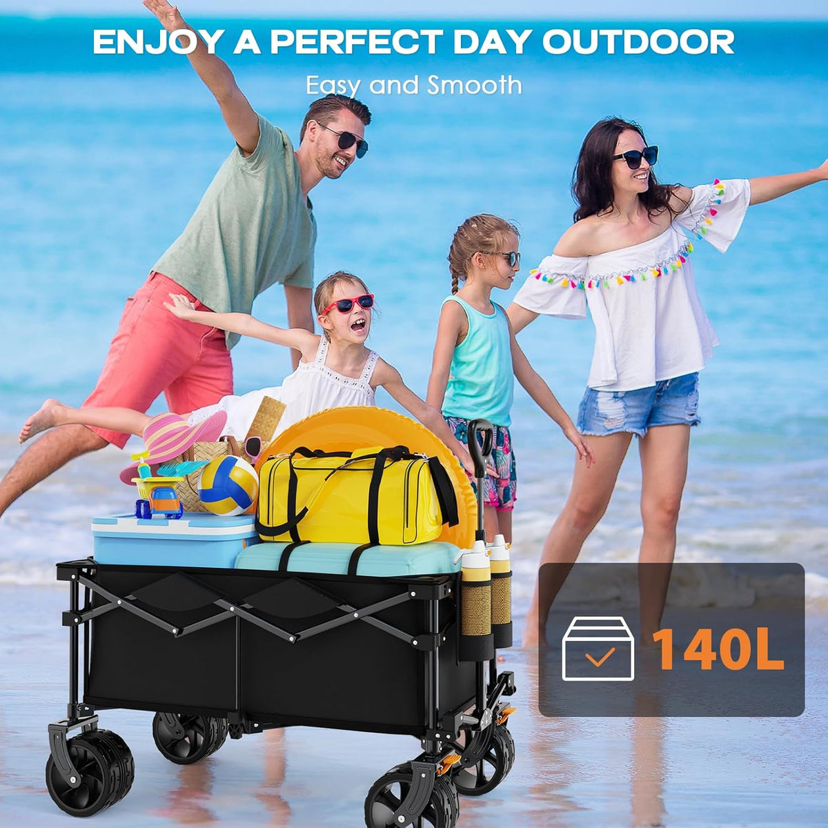 Collapsible Wagon Cart Heavy Duty Foldable, Folding Beach Wagon with Big Wheels for Sand, Utility