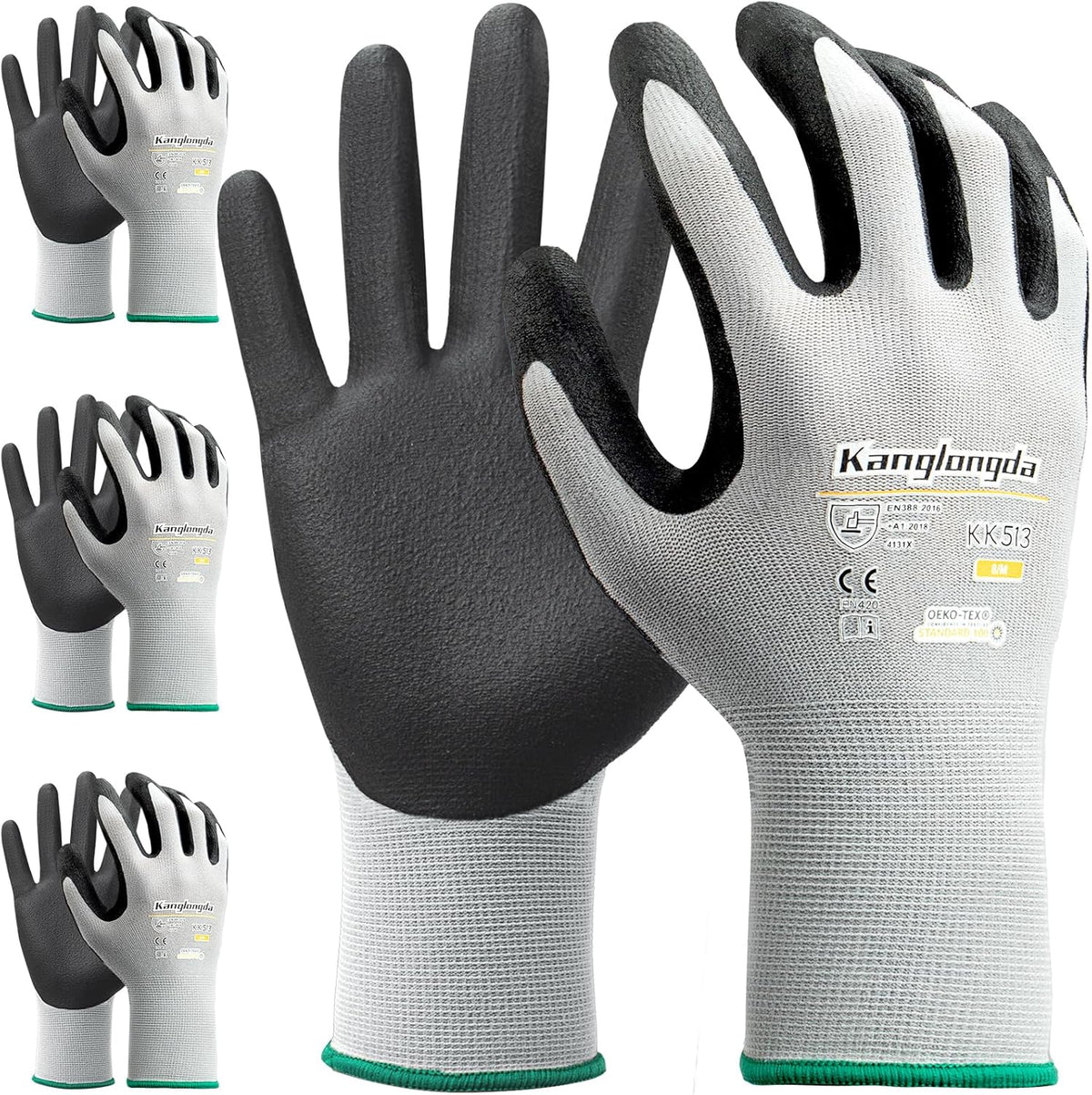 3-Paris XL Work Gloves for Men and Women, Nitrile Coated Safety Protective Gloves with Grip, Ideal