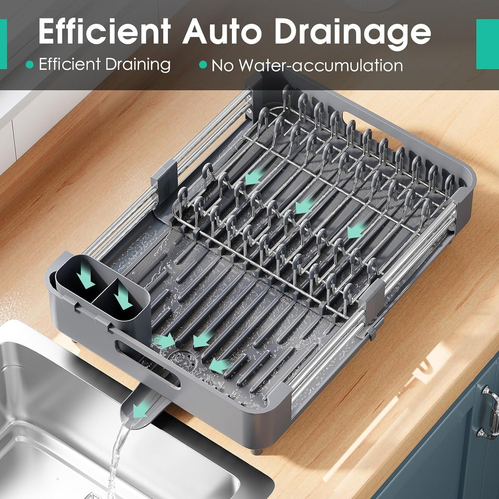 Dish Drying Rack for Kitchen Counter, Extendable Dish Rack with Drainboard, Expandable Dish