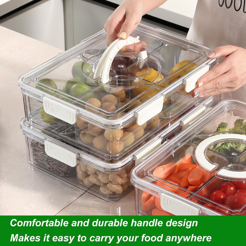 Taiuloo Divided Serving Tray with Lid & Handle, Airtight 4 Compartment Snackle Box Charcuterie