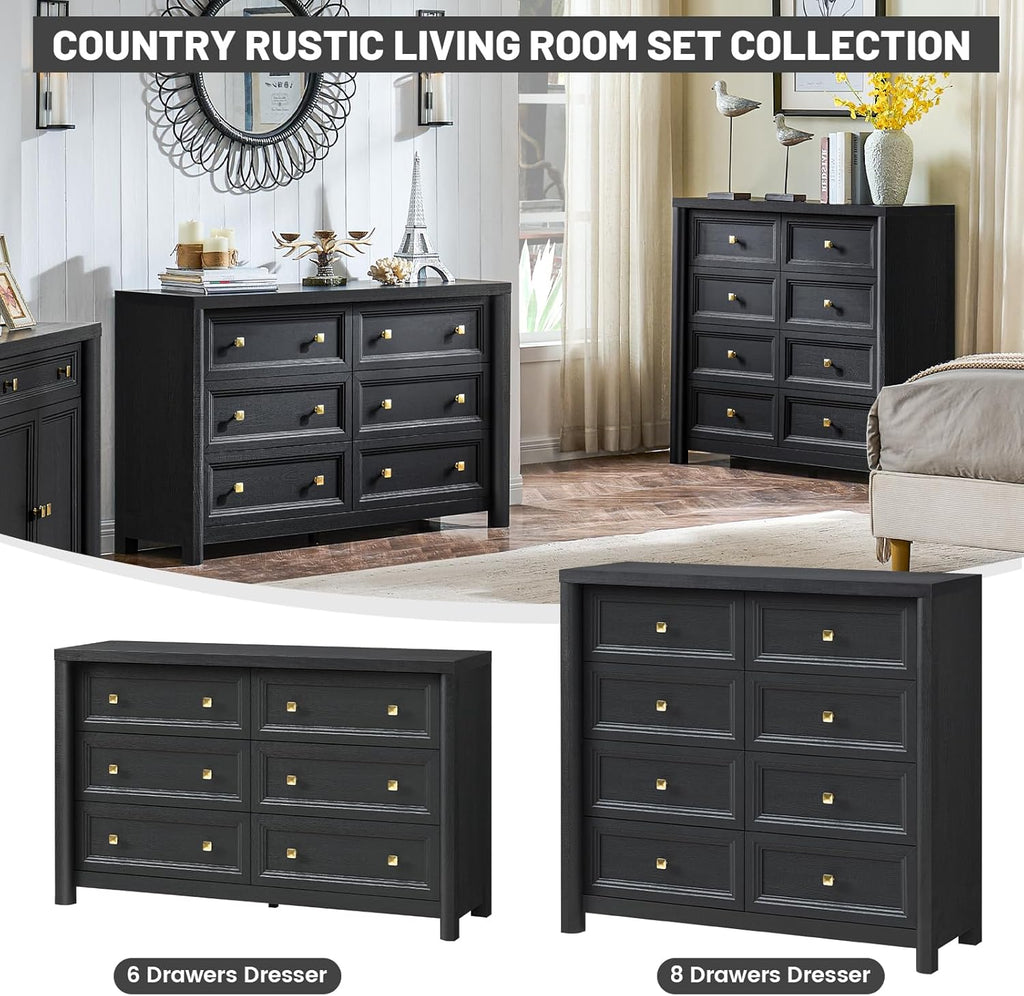 Farmhouse Dresser for Bedroom, 41" Tall Black Dresser with 8 Drawers, Soide Rustic Wood Vintage