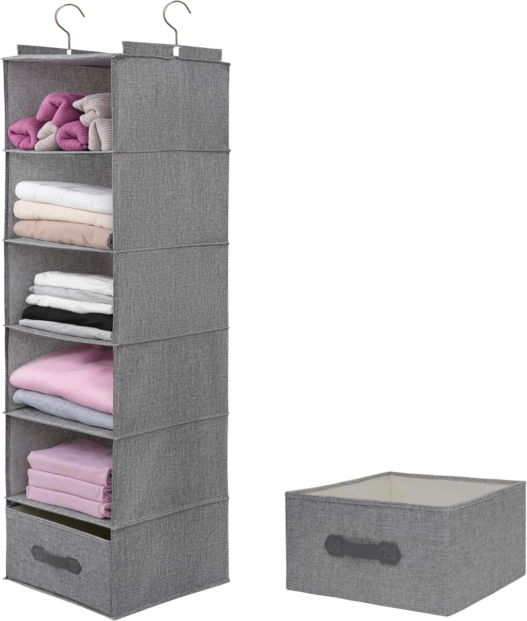 Large Hanging Sweater Organizer for Closet,Collapsible 6-Shelf Hanging Closet Shelves with Drawers