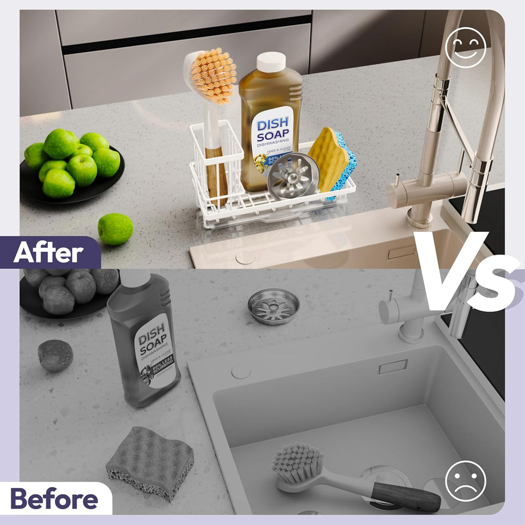 SWTYMIKI Sink Caddy Sponge Holder - Kitchen Sink Organizer with High Brush Holder for Countertop to