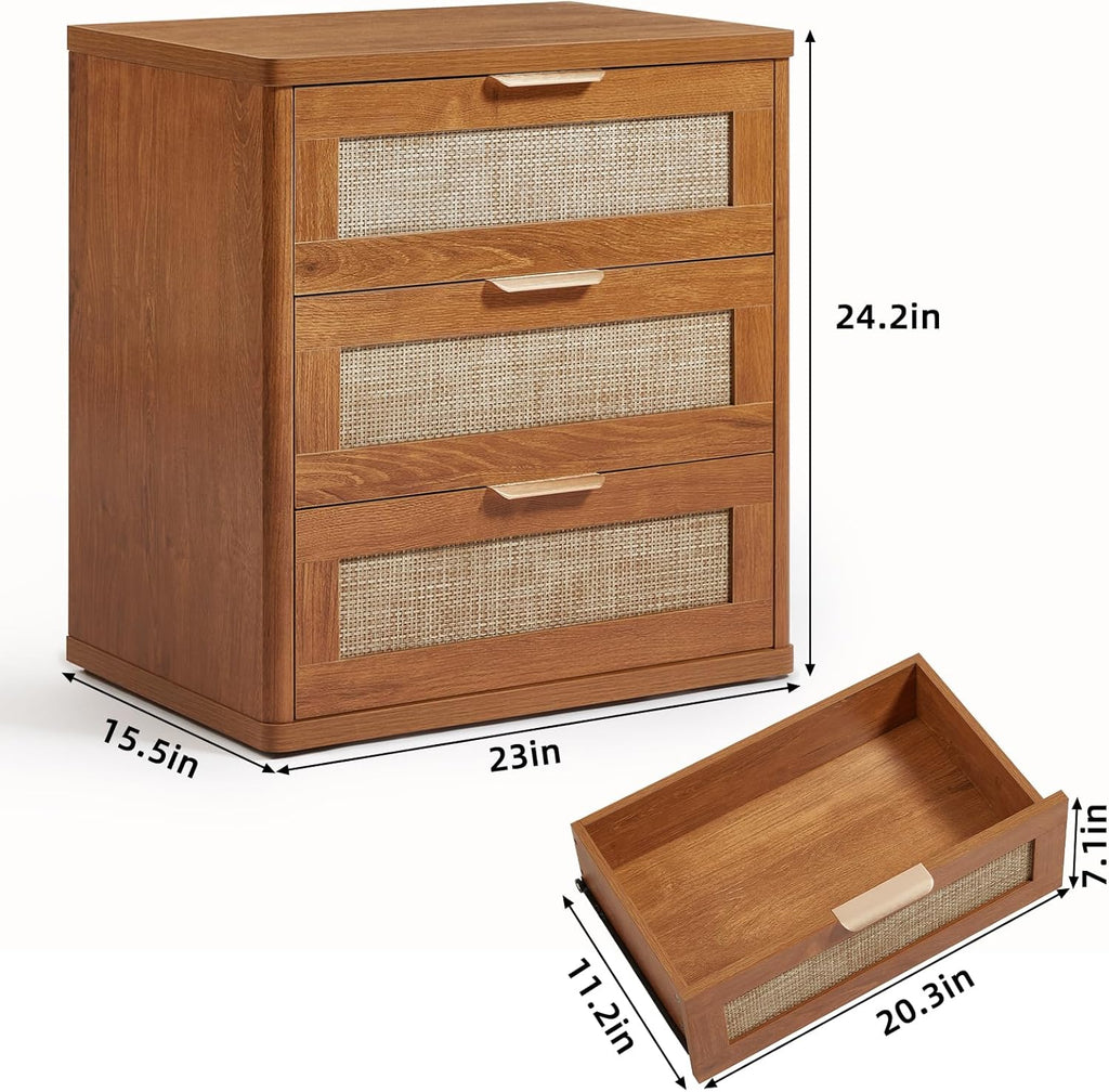 LEYAOYAO Rattan Night Stand Set of 2 with Drawers, 23" Large 3 Drawer Boho Nightstand, Natural Wood
