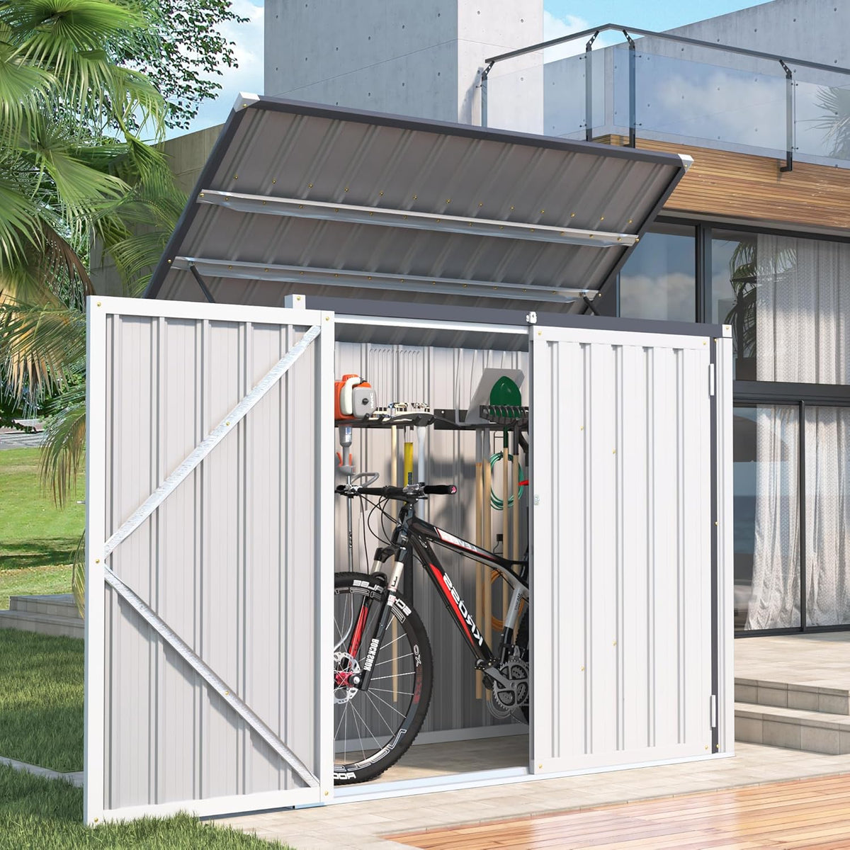 AECOJOY Outdoor Trash Can Storage Shed, 46 Cu.Ft White Trash Can Storage Shed Outdoor Horizontal