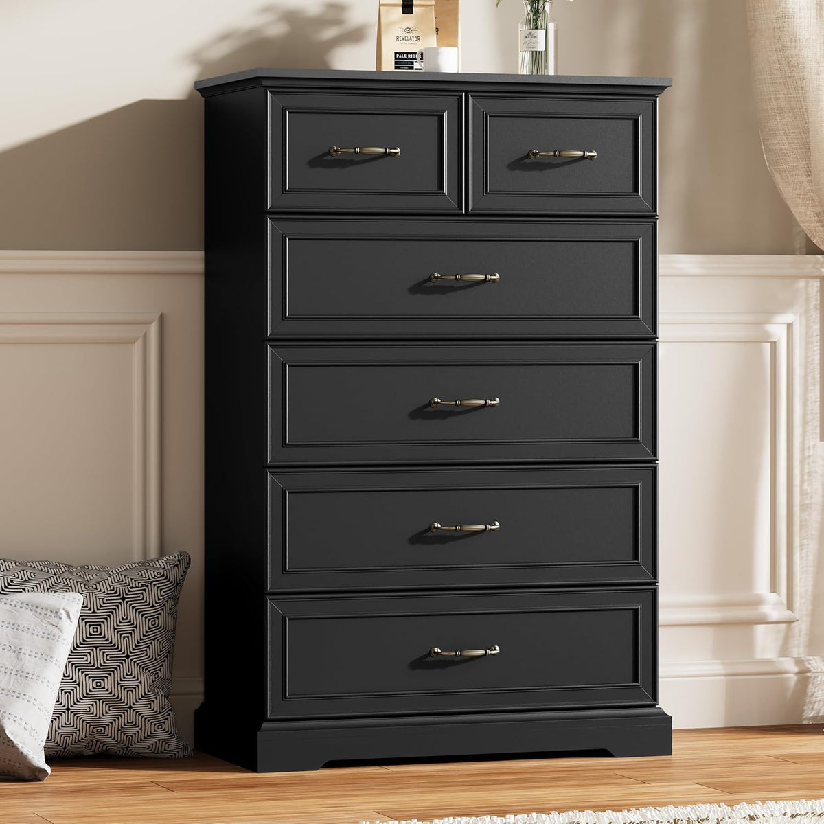 6 Drawer Dresser for Bedroom, 49" Tall Wooden Chest of Drawers, Rustic Farmhouse Dresser with Large