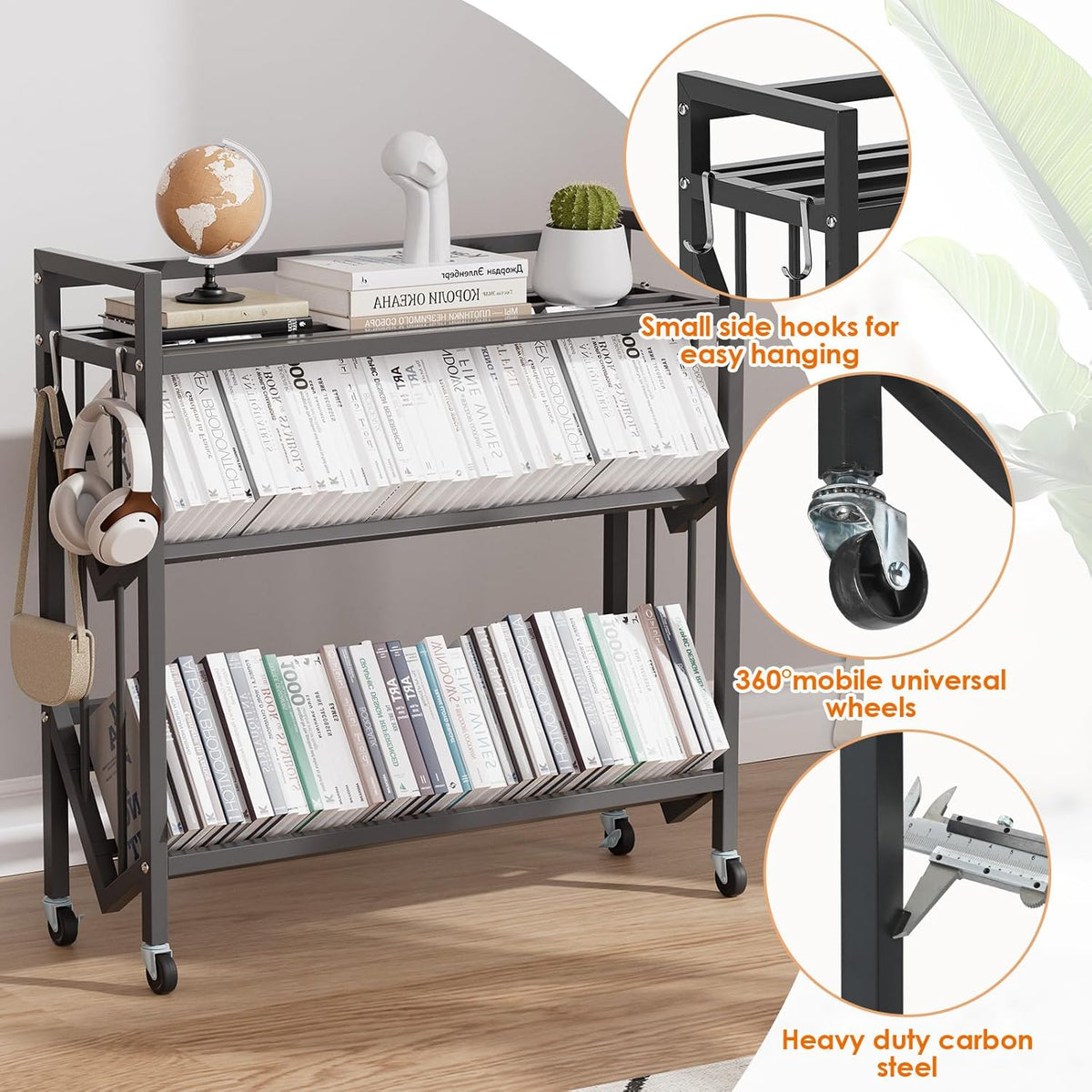 Book Carts 3 Tier 35.4x32x9.84 in Rolling Book Cart Large Capacity Bookshelf Storage Rack Mobile
