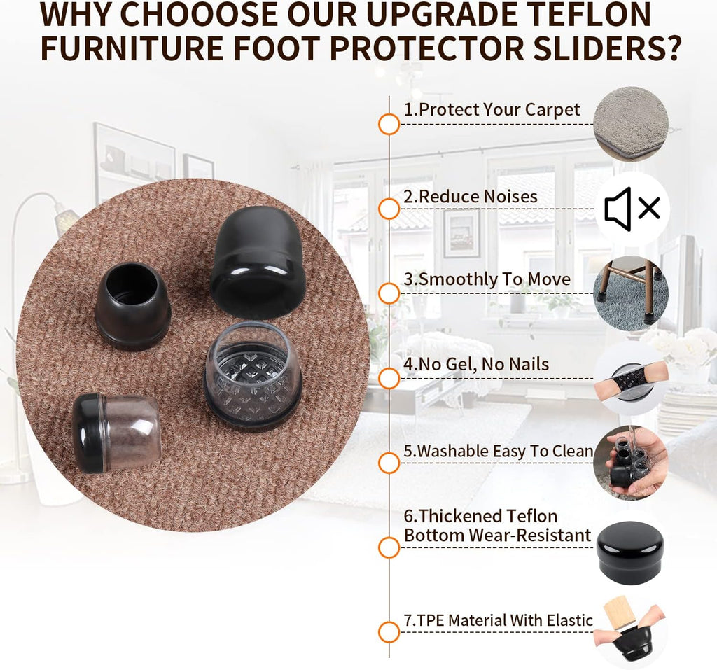 Ezprotekt 24 Pcs Clear Chair Leg Sliders for Carpet, Round Teflon Furniture Glides for Rug, Carpet
