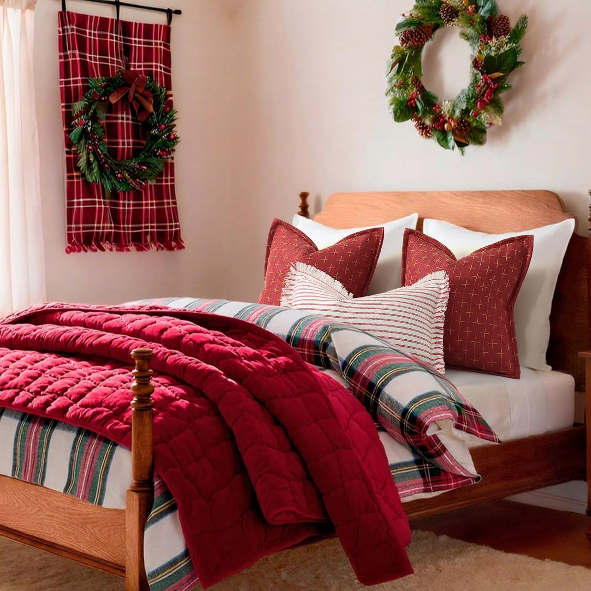 ZWJD Christmas Pillow Covers 24x24 Set of 2 Soft Polyester Textured Red Pillows with Stylish Flange