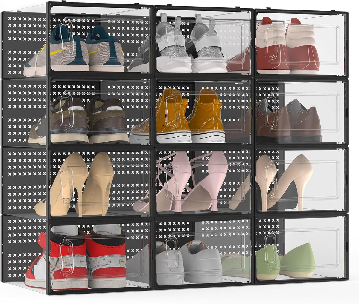 12 Pack XX-Large Modular Clear Plastic Stackable Shoe Storage Organizer for Closet, Space Saving