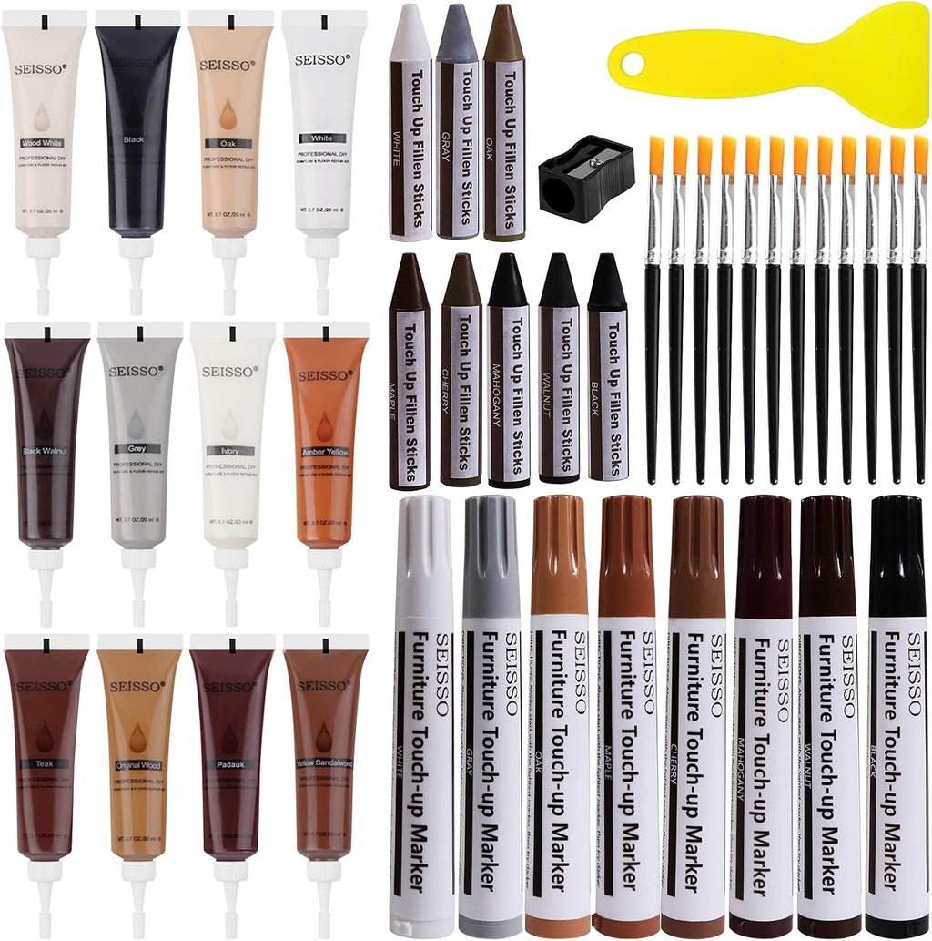SEISSO Wood Furniture Repair Kit, 42 Pcs Wood Filler and Touch Up Markers with Wax Sticks, Vinyl