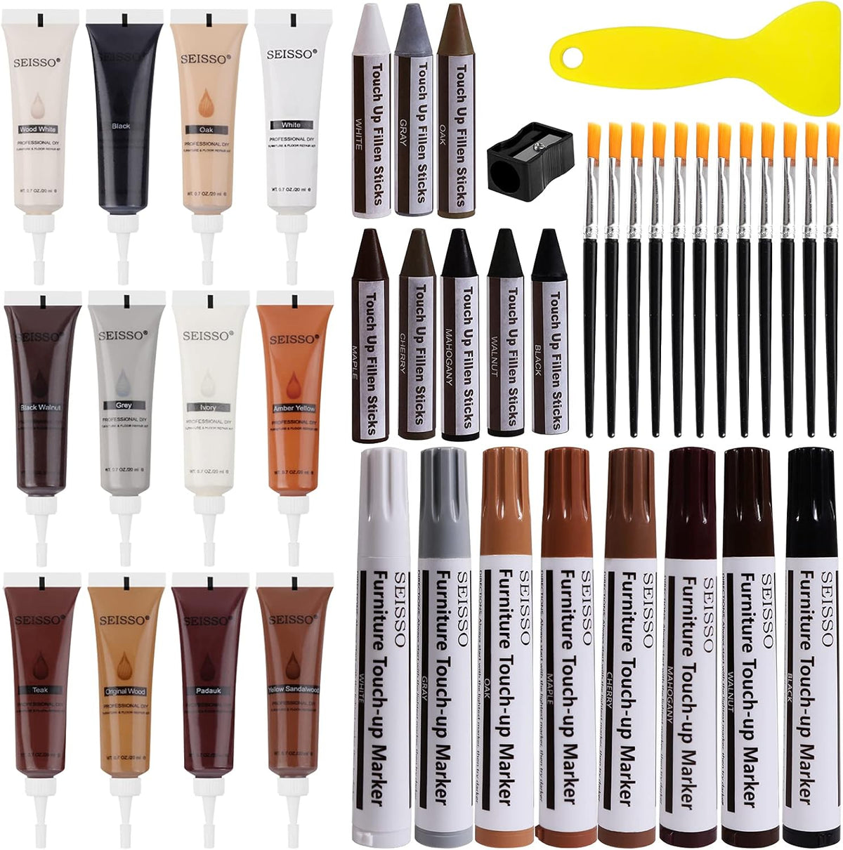 SEISSO Wood Furniture Repair Kit, 42 Pcs Wood Filler and Touch Up Markers with Wax Sticks, Vinyl