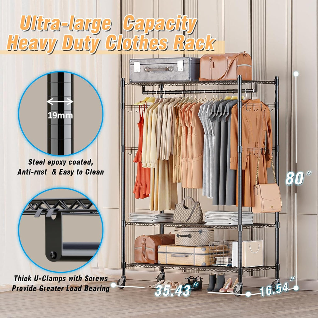 Homdox 3 Tier Heavy Duty Garment Rack with Wheels, Adjustable Wire Clothes Rack with Double Hanging