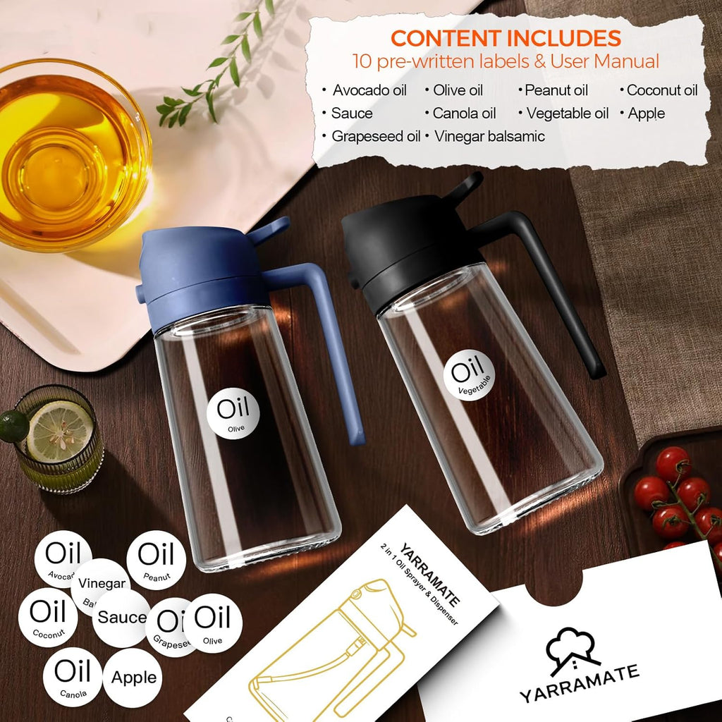 YARRAMATE 2Pcs 16oz/470ml Glass Olive Oil Sprayer for Cooking with Stickers, 2 in 1 Oil Dispenser