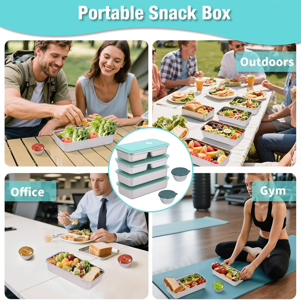 6 Pack Stainless Steel Snack Containers with Lids, 2-Compartment Bento Box, Lunch Box & Salad
