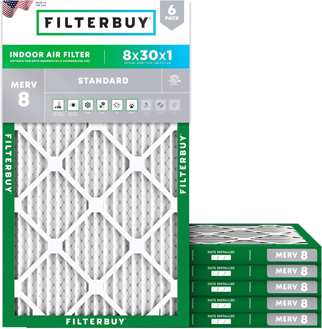 Filterbuy 8x30x1 Air Filter MERV 8 (MPR 700) Dust Defense Replacement (6-Pack), Electrostatic
