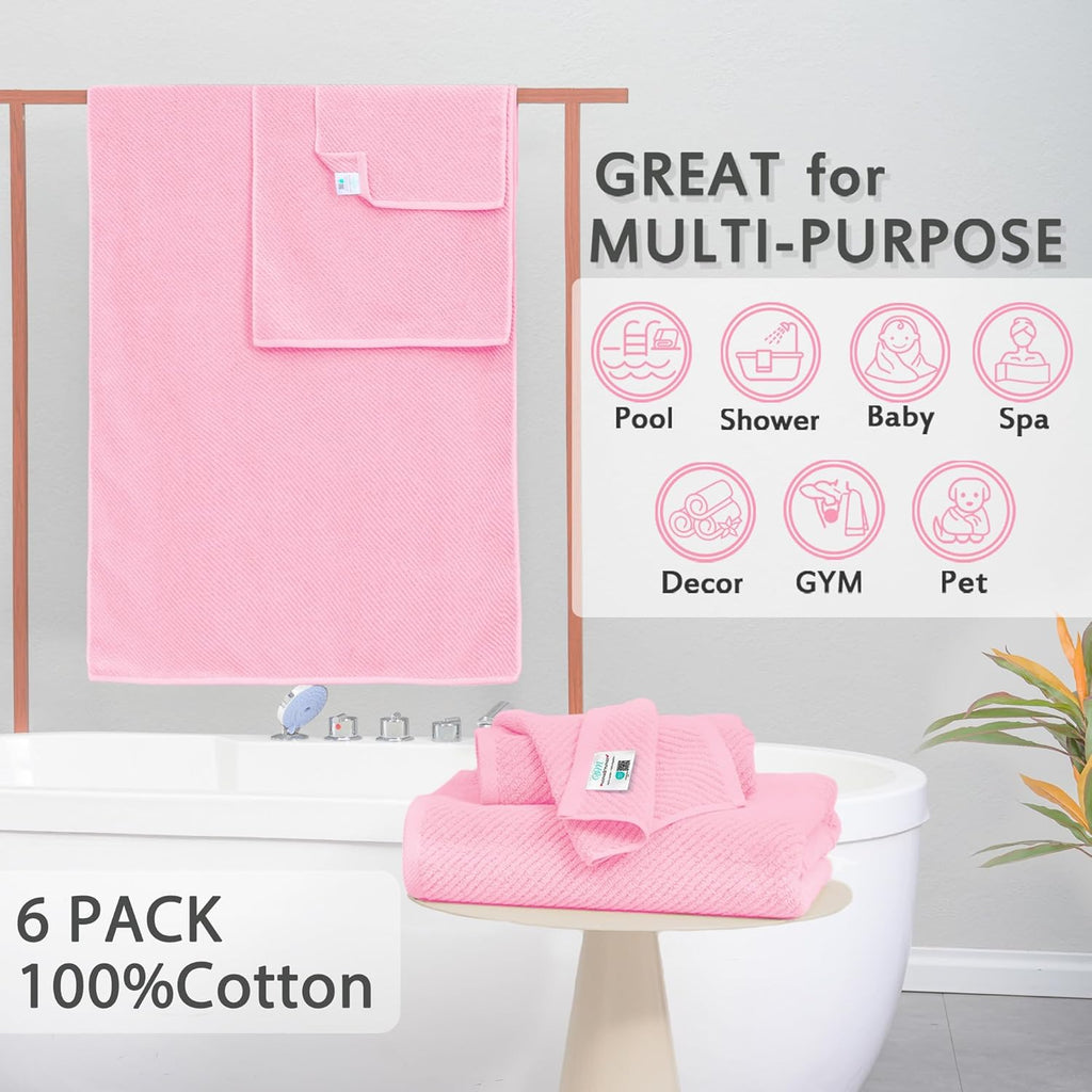 Pink Towels - 100% Cotton, Soft, Quick Dry, Lightweight, Towel Set of 6, 2 Large Bath 30" x 56", 2