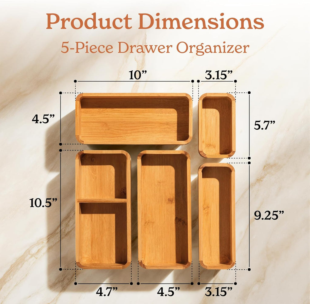 SMIRLY 5-Piece Bamboo Kitchen Drawer Organizer Set for Large and Small Utensils, Multi-use Storage