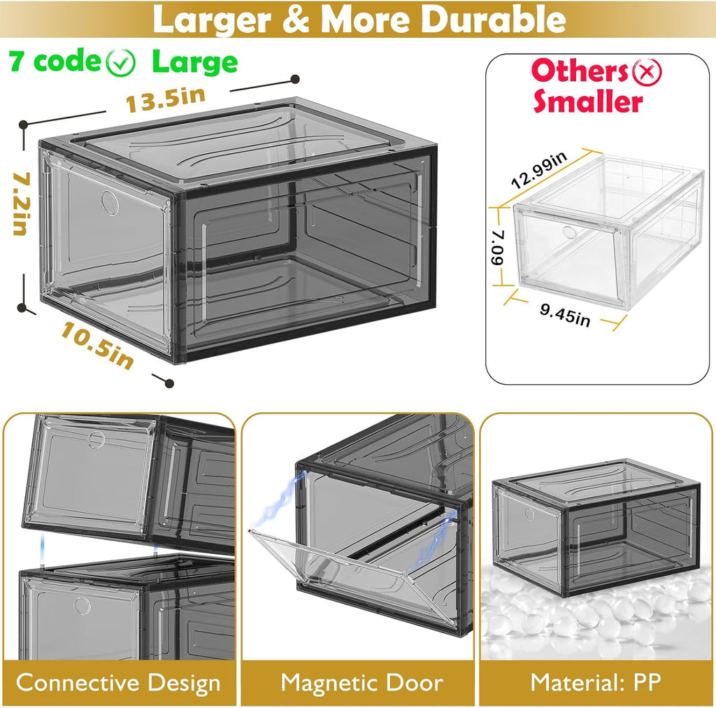 7 code Large Clear Shoe Boxes Organizer【Thicker Material】 Stronger Shoe Box with Magnetic Door