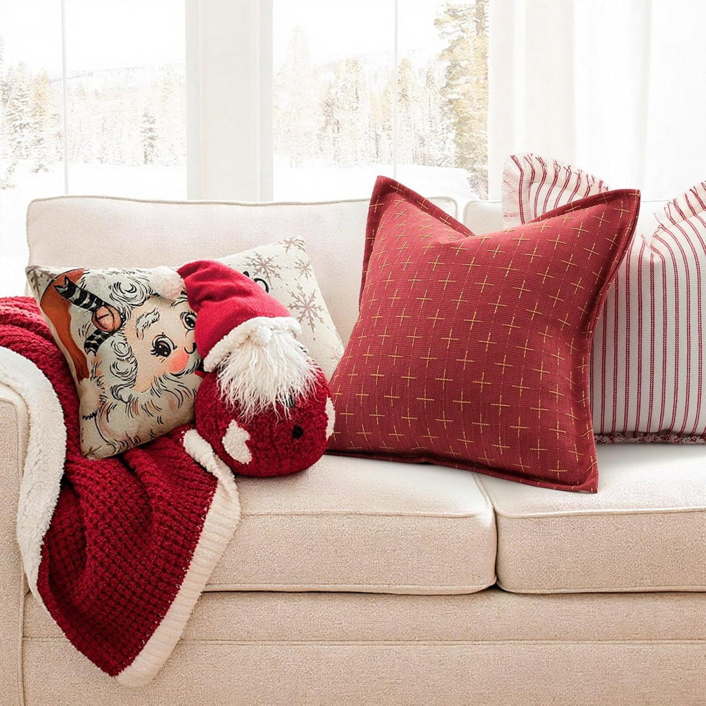 ZWJD Christmas Pillow Covers 24x24 Set of 2 Soft Polyester Textured Red Pillows with Stylish Flange