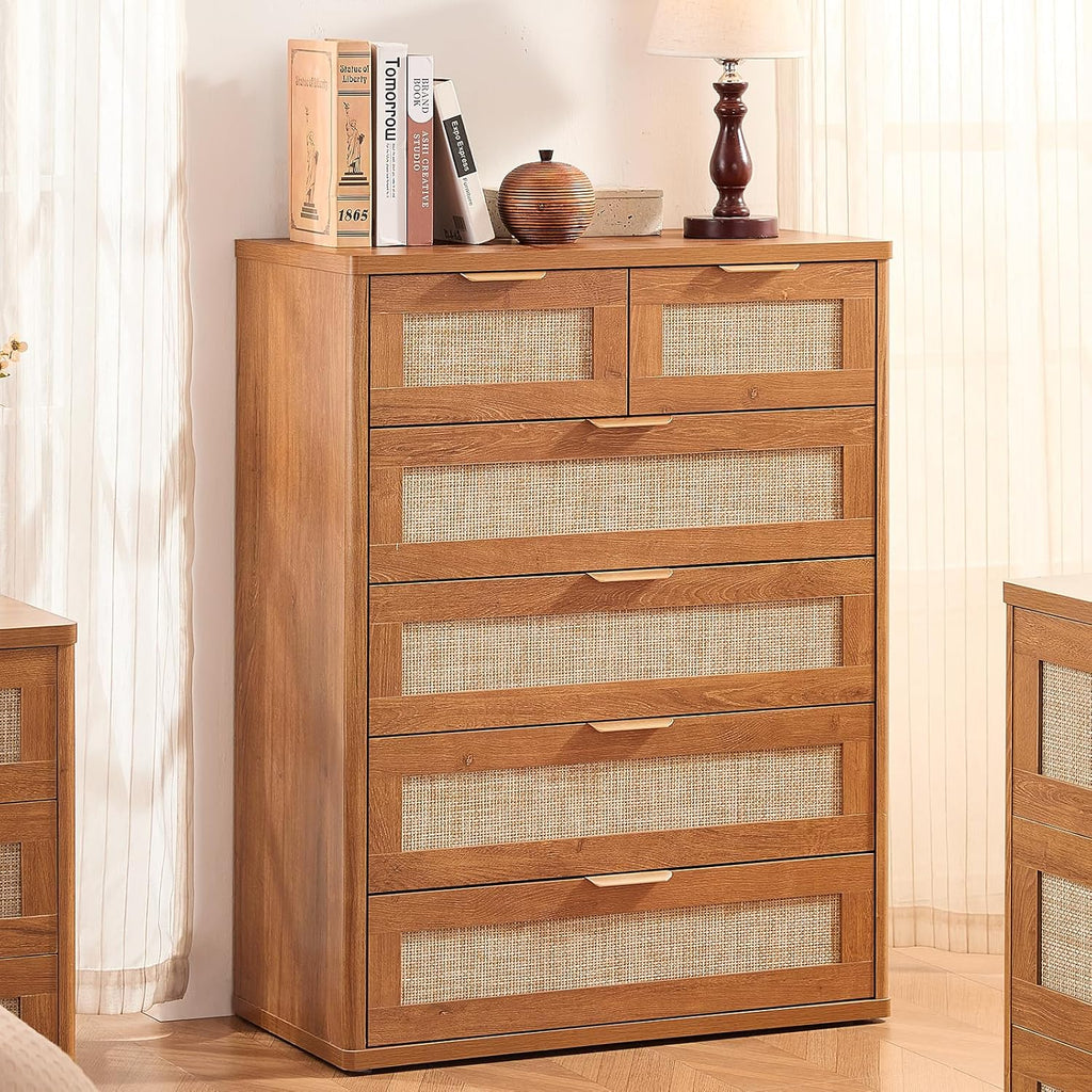 LEYAOYAO Rattan Dresser for Bedroom, 42" Tall Chest of Drawers, Modern 6 Drawers Boho Dressers with