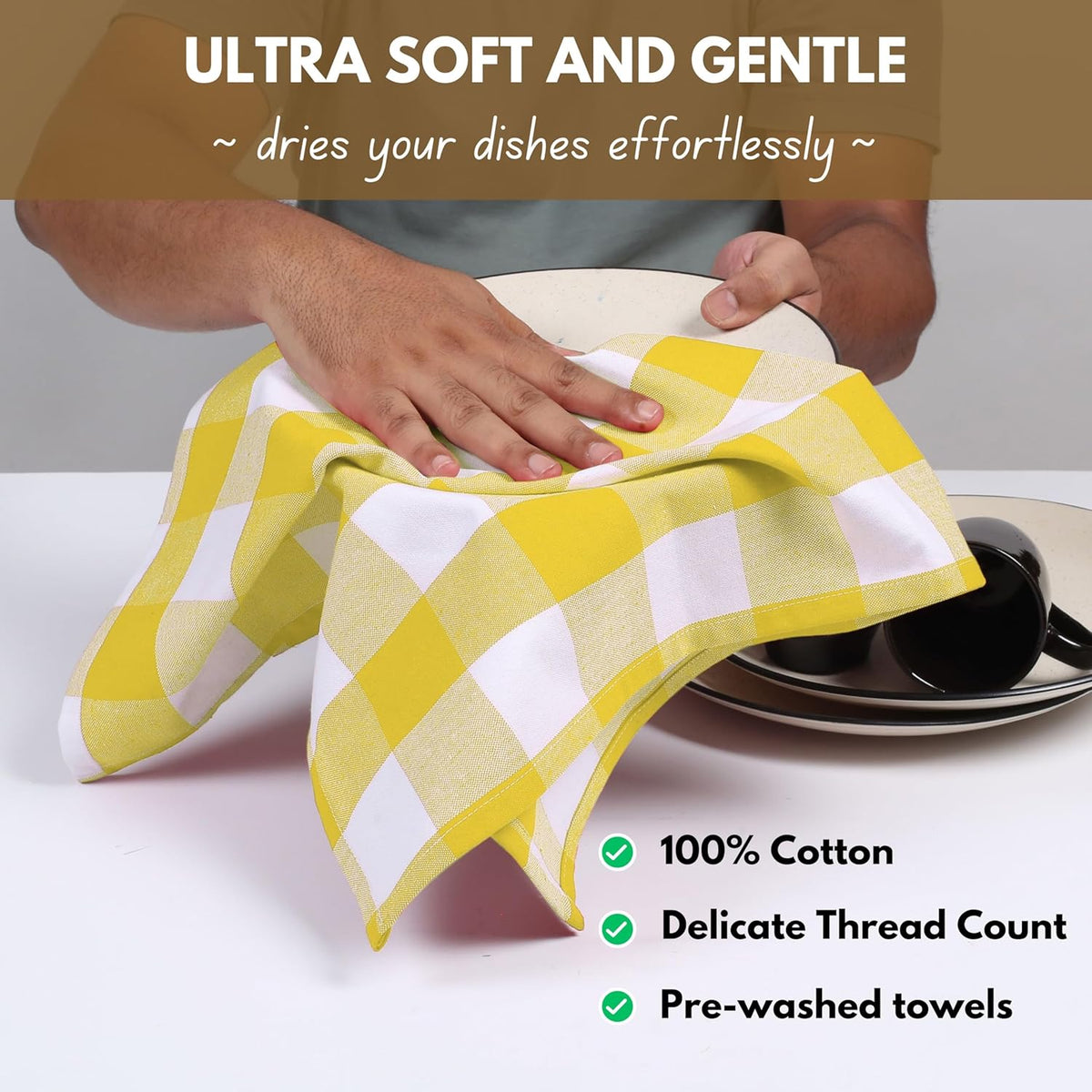 Native Fab Yellow Buffalo Dish Towel 16"x26", Set of 6 - Cotton Plaid Towels, Soft Absorbent