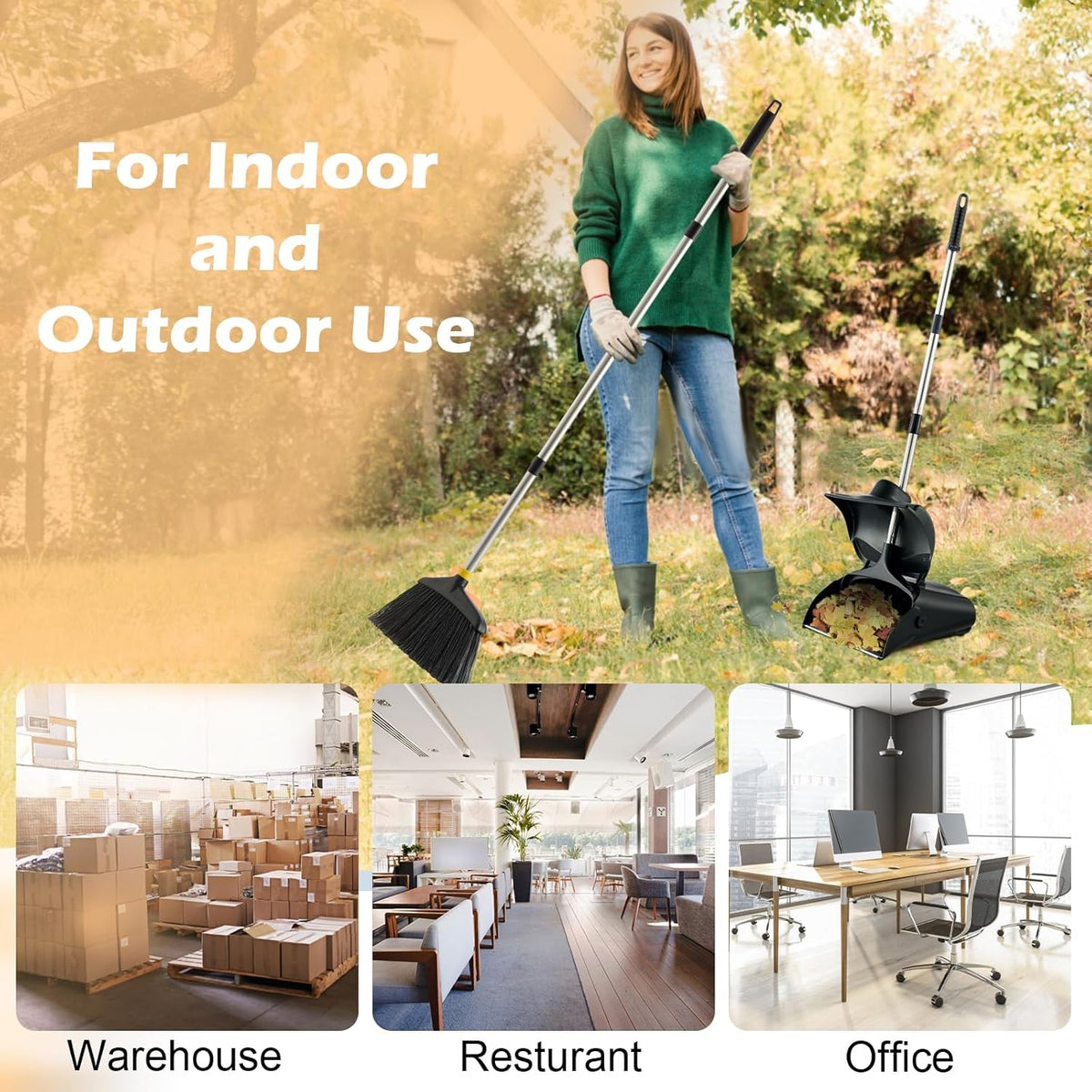 Outdoor Broom and Dustpan Set with Long Handle, Commercial Upright Standing Dust Pan with Windbreak