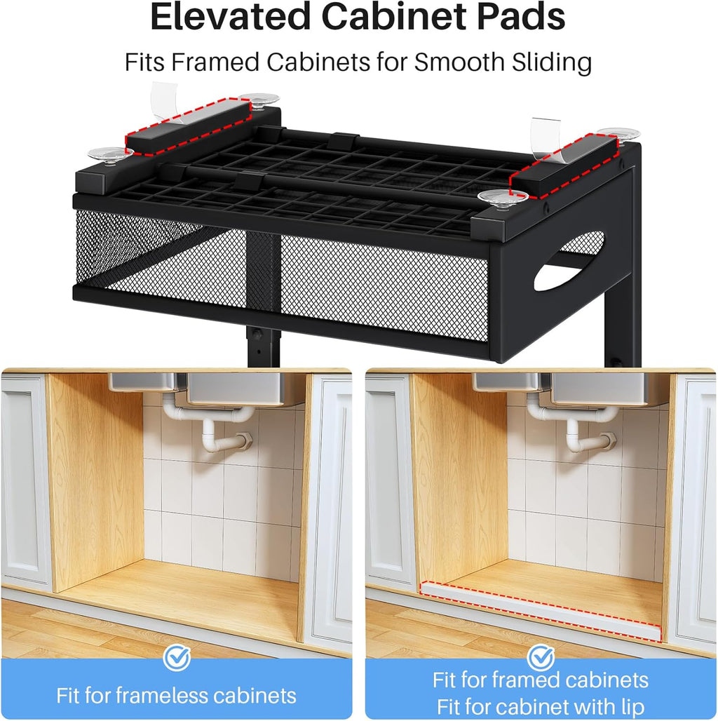 Under Sink Organizer, 2 Pack 2 Tier Pull Out Under Cabinet Organizer Shelf with Pad for Framed