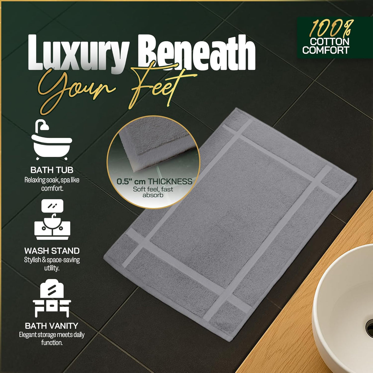 Pearl Linens Pack of 6 100% Cotton Bath Mat 20x30 inches, Soft & Absorbent Quick Dry Bathroom Mat