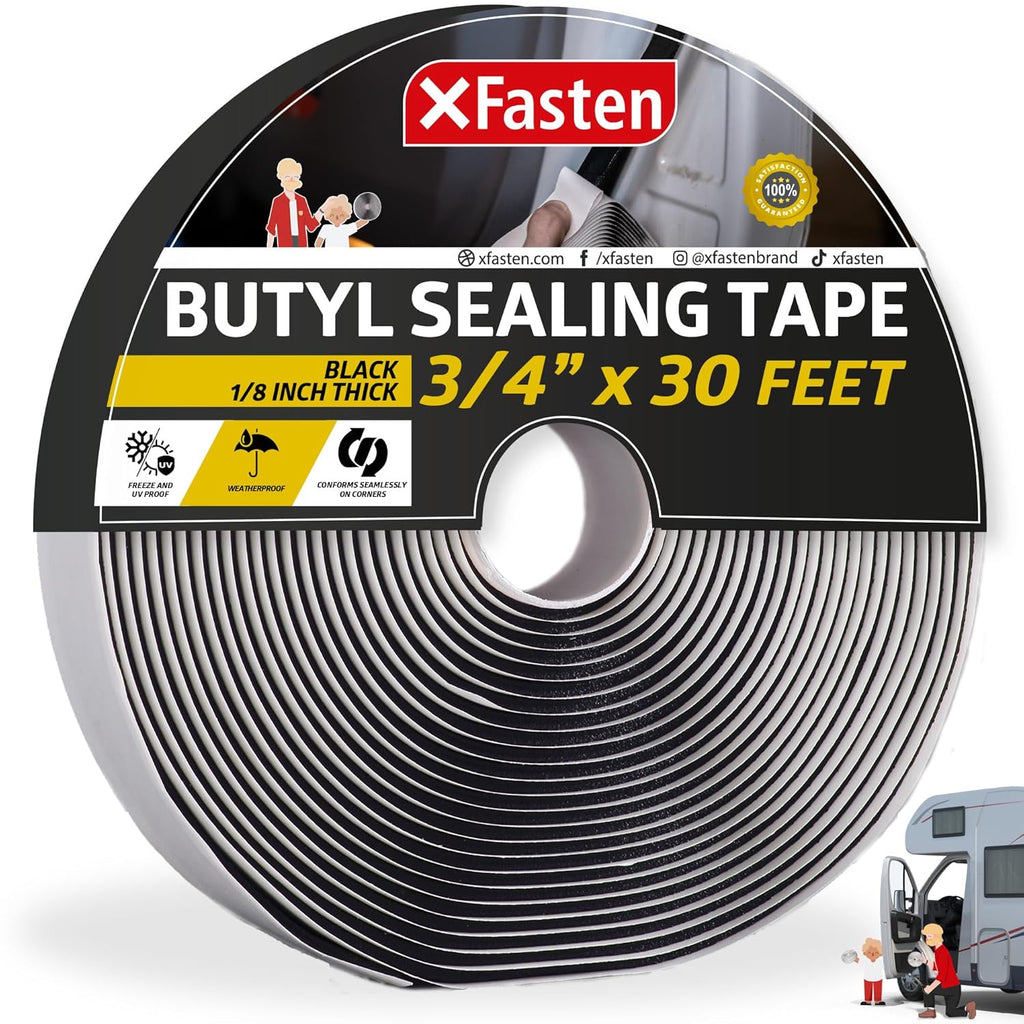 XFasten Butyl Sealing Tape, Black, 1/8-In x 3/4-In x 30-Foot Plumbers Putty, RV Sealant, Boat