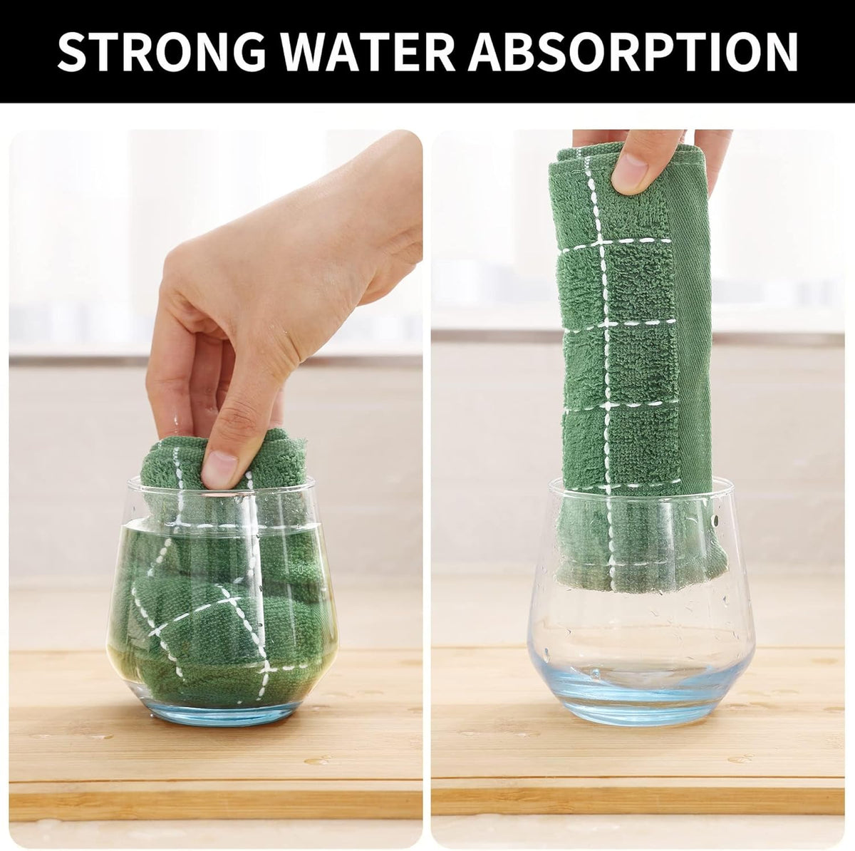 Homaxy 100% Cotton Terry Kitchen Towels(Grass Green, 13 x 28 inches), Checkered Designed, Soft and