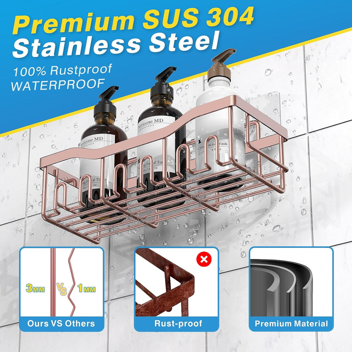 EUDELE 5-Pack Rustproof Stainless Steel Shower Caddy – No Drill Adhesive Bathroom Organizer with