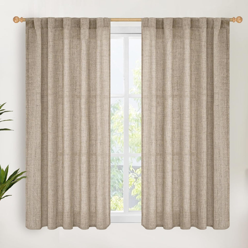 YoungsTex Dark Oatmeal Linen Curtains 45 Inch Length for Short Window, Tan Semi Sheer Drapes with