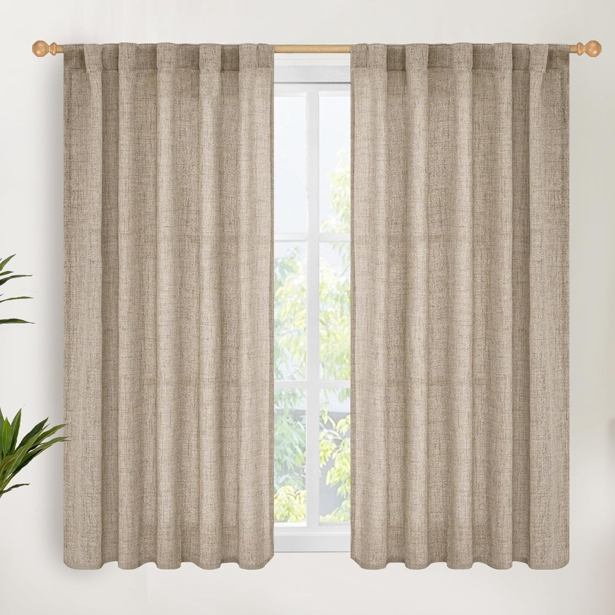 YoungsTex Dark Oatmeal Linen Curtains 45 Inch Length for Short Window, Tan Semi Sheer Drapes with