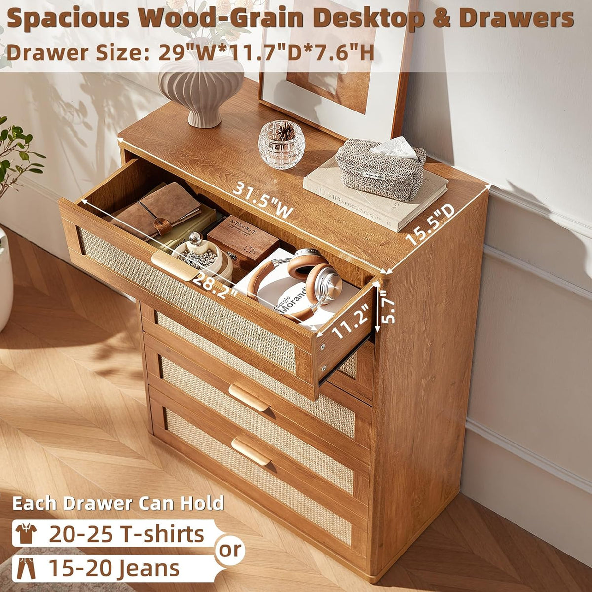 LEYAOYAO Dresser for Bedroom, 41" Tall Chest of Drawers, Modern 5 Drawers Boho Rattan Dressers with