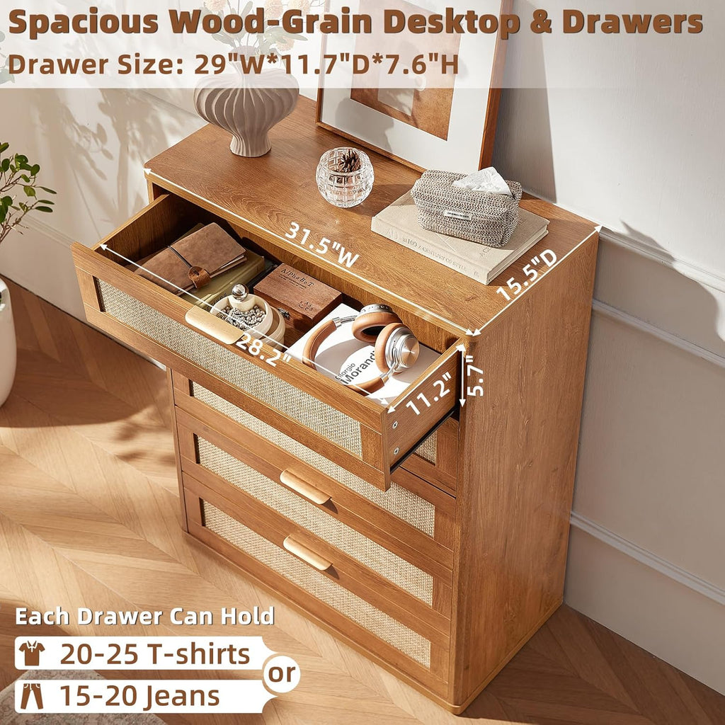 LEYAOYAO Rattan Dresser for Bedroom Set 2, 41" Tall Chest of Drawers, Modern 5 Drawers Boho