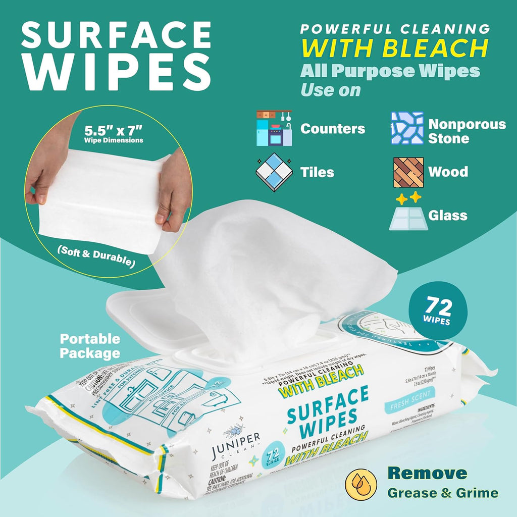 6 Pack Surface Cleaning Wipes with Bleach, All-Purpose Cleaner for Bathroom, Kitchen, Office, 72