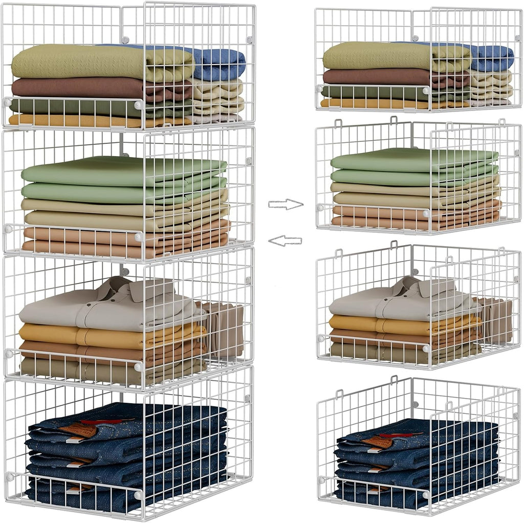 Stackable Closet Organizers and Storage - 4-Tier Stackable Storage Bins, Foldable Closet Shelf