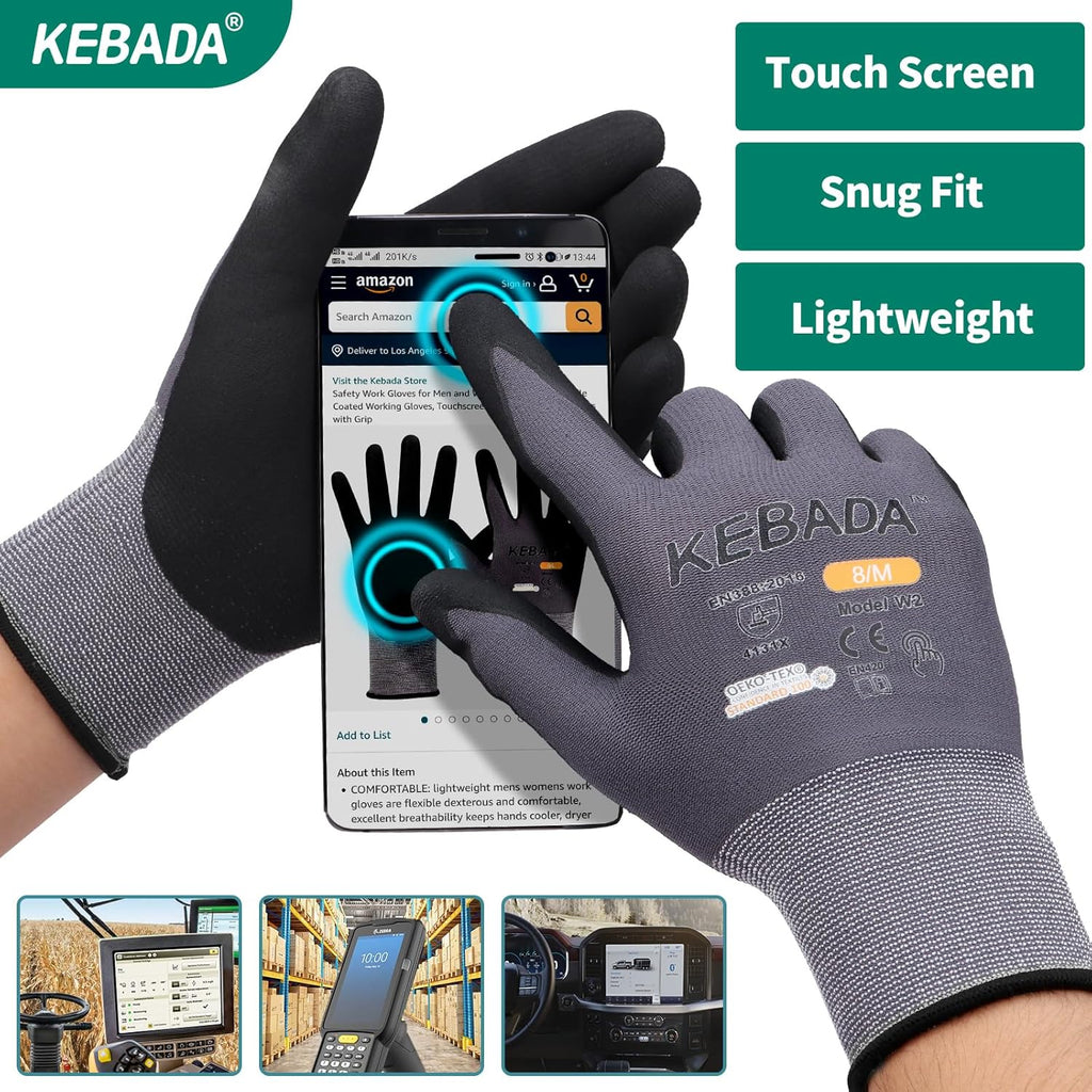 Kebada W2 Safety Work Gloves, Micro-Foam Nitrile Coated Gloves, Touchscreen,Ideal for Package